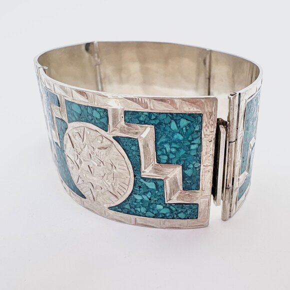 Sterling Silver Turquoise Inlay Aztec Calendar Motifs Hinged Cuff Bracelet 6.75" - Picture 5 of 11